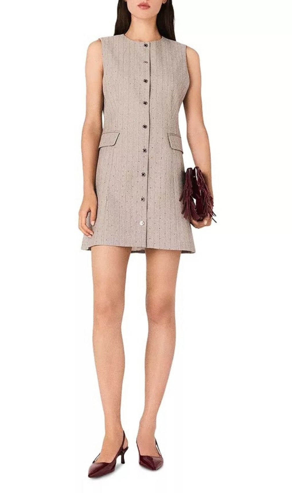 Effortless Chic: Sleeveless Button-Front Mini Dress with Subtle Sparkle