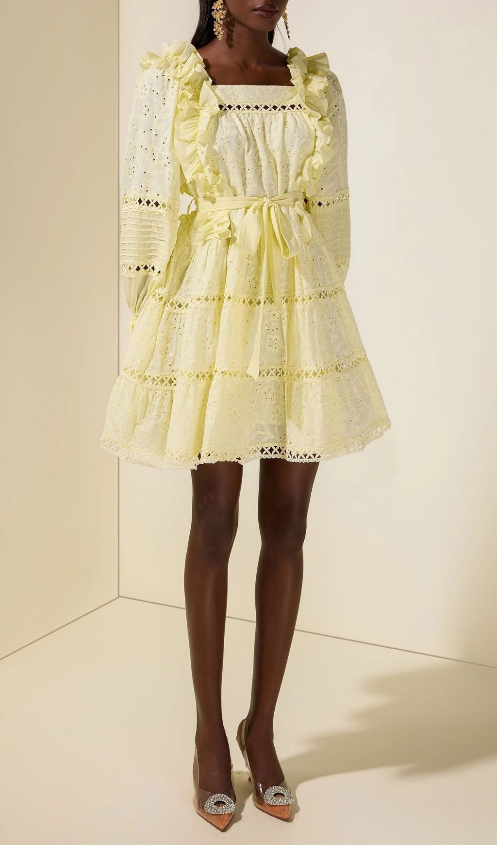 Victoria Embroidered Hollow Ruffle Mini Dress - Yellow