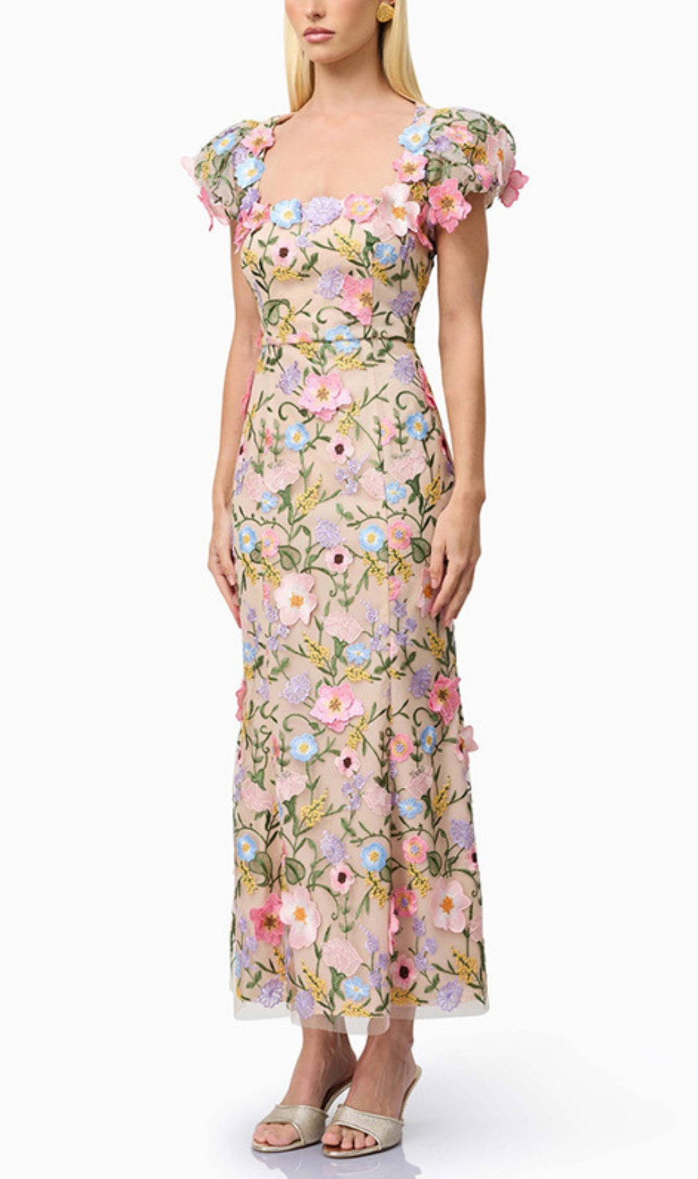 Elvio Flower Embroidery Midi Dress