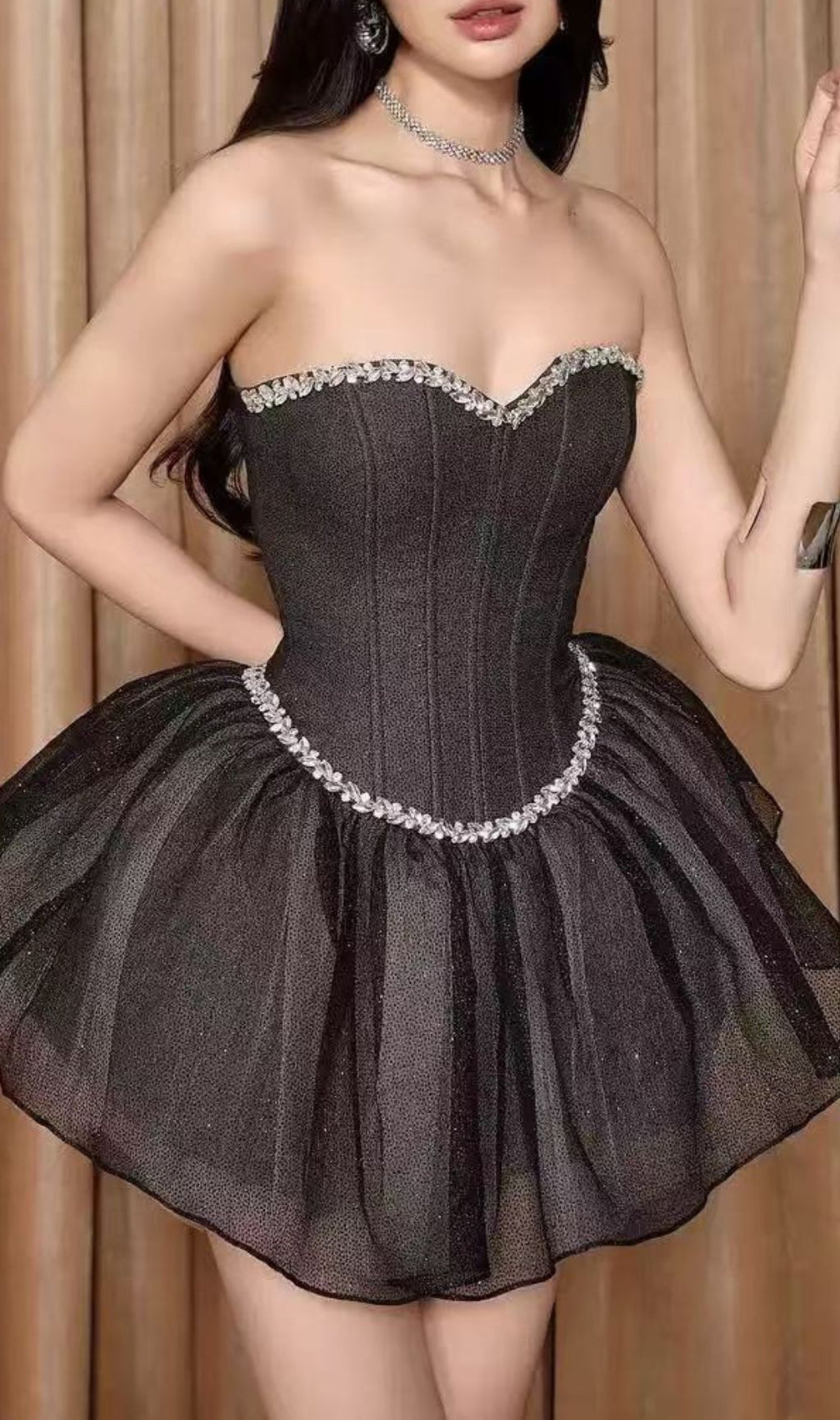Iowa Sparkle Strapless Corset Mesh Mini Dress - Black Glam