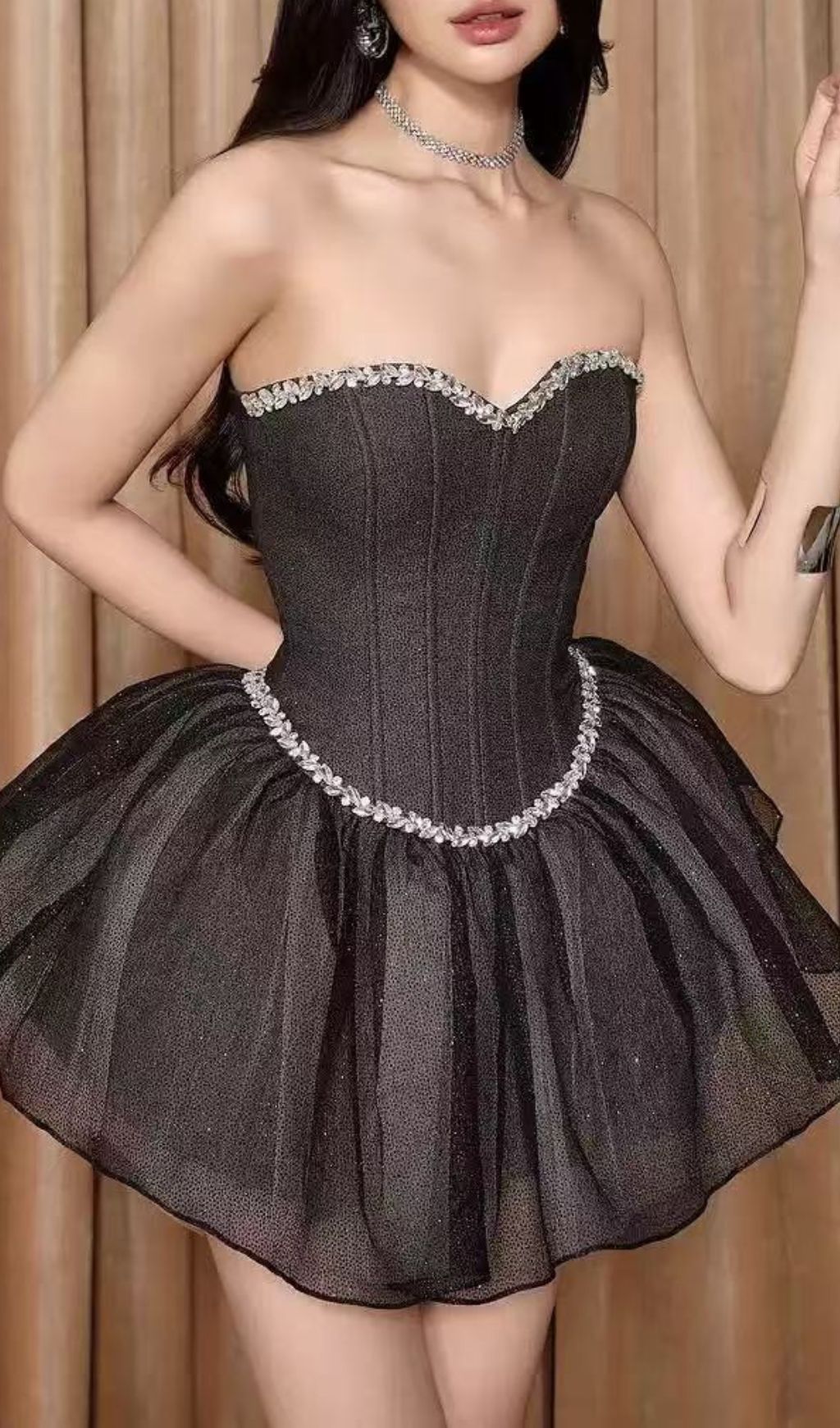 Iowa Sparkle Strapless Corset Mesh Mini Dress - Black Glam