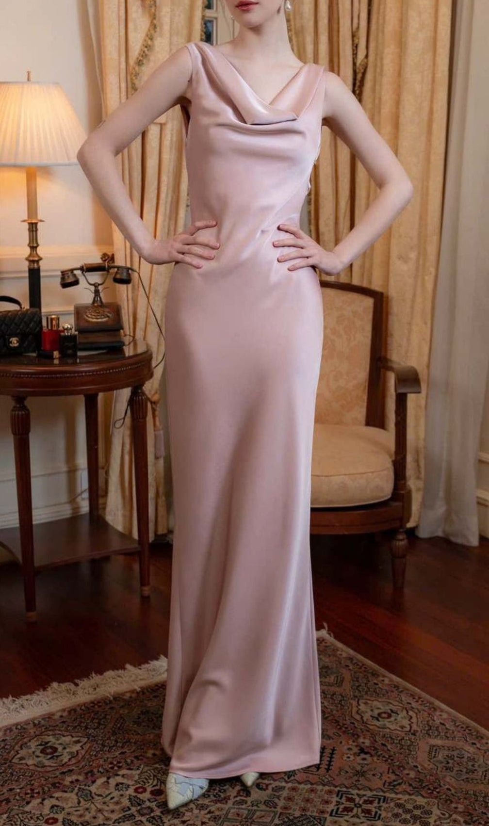 Desma Luxe Pink Satin Cowl Neck Maxi Dress | Elegant Sleeveless Slit Gown