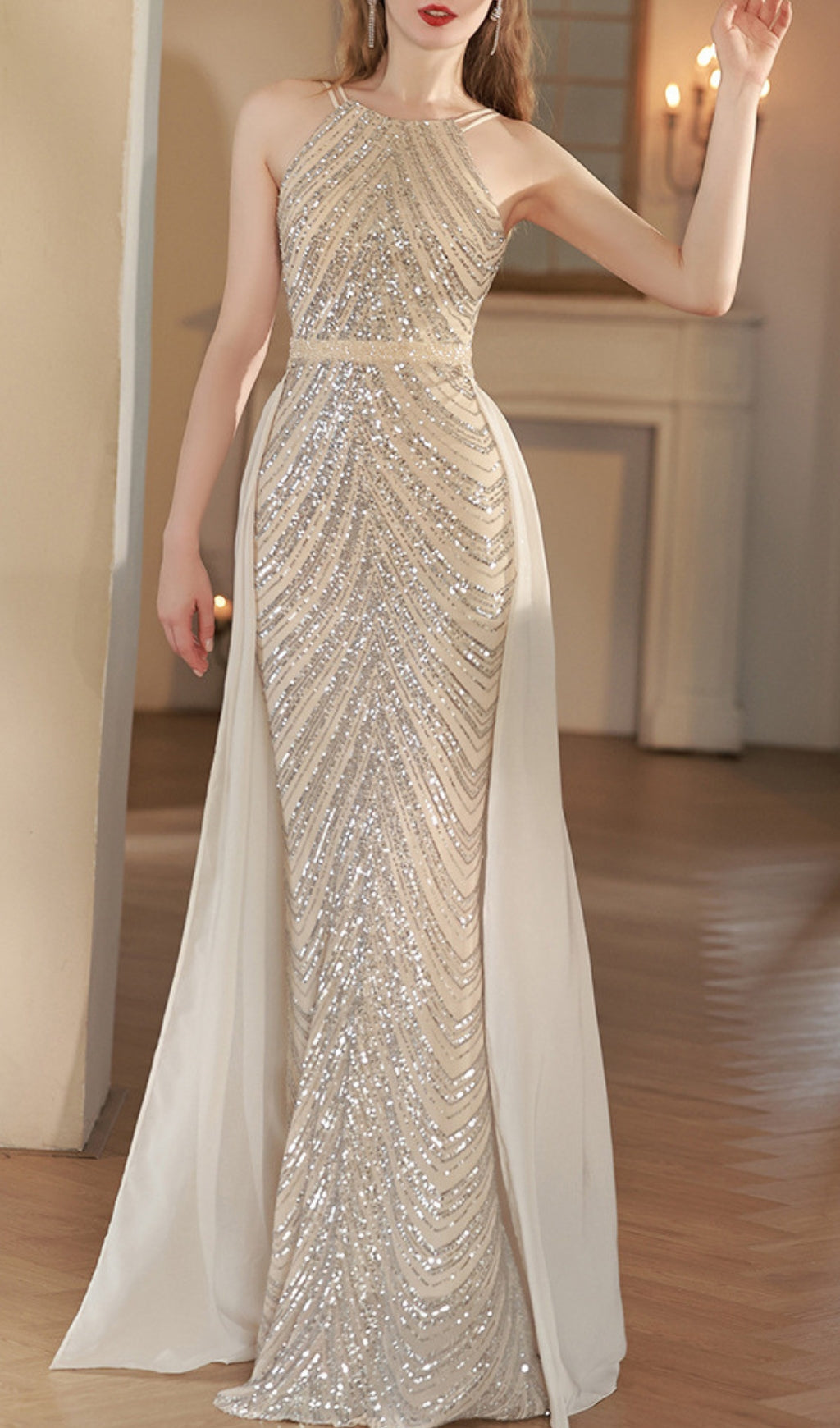 Colombe Champagne Halter Sequin Maxi Dress