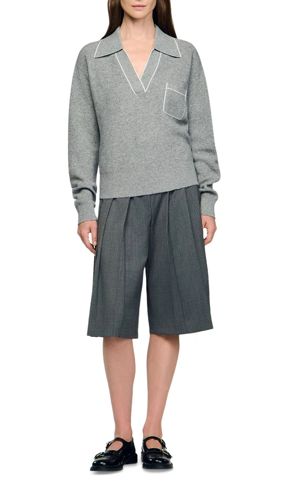 Berlin Chic Knit Polo Sweater with Contrast Piping | Women's Grey V-Neck Top