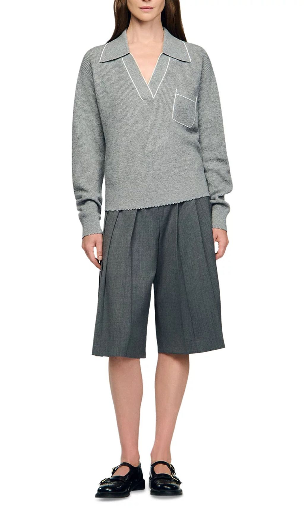 Berlin Chic Knit Polo Sweater with Contrast Piping | Women's Grey V-Neck Top