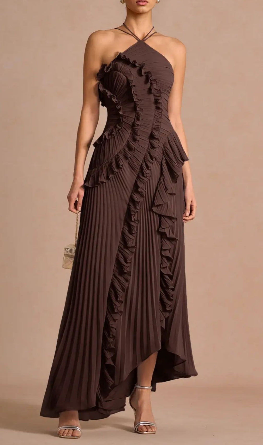 Finneas Brown Halter Pleated Maxi Dress: Ruffled Grecian Glamour