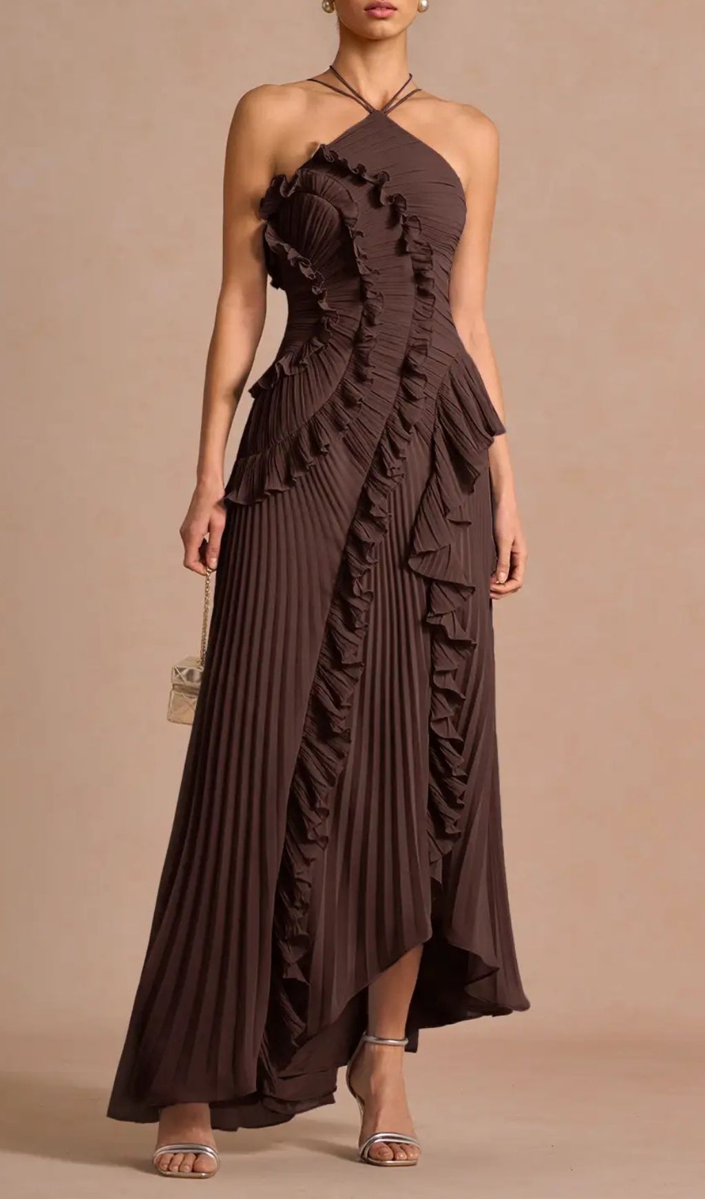 Finneas Brown Halter Pleated Maxi Dress: Ruffled Grecian Glamour