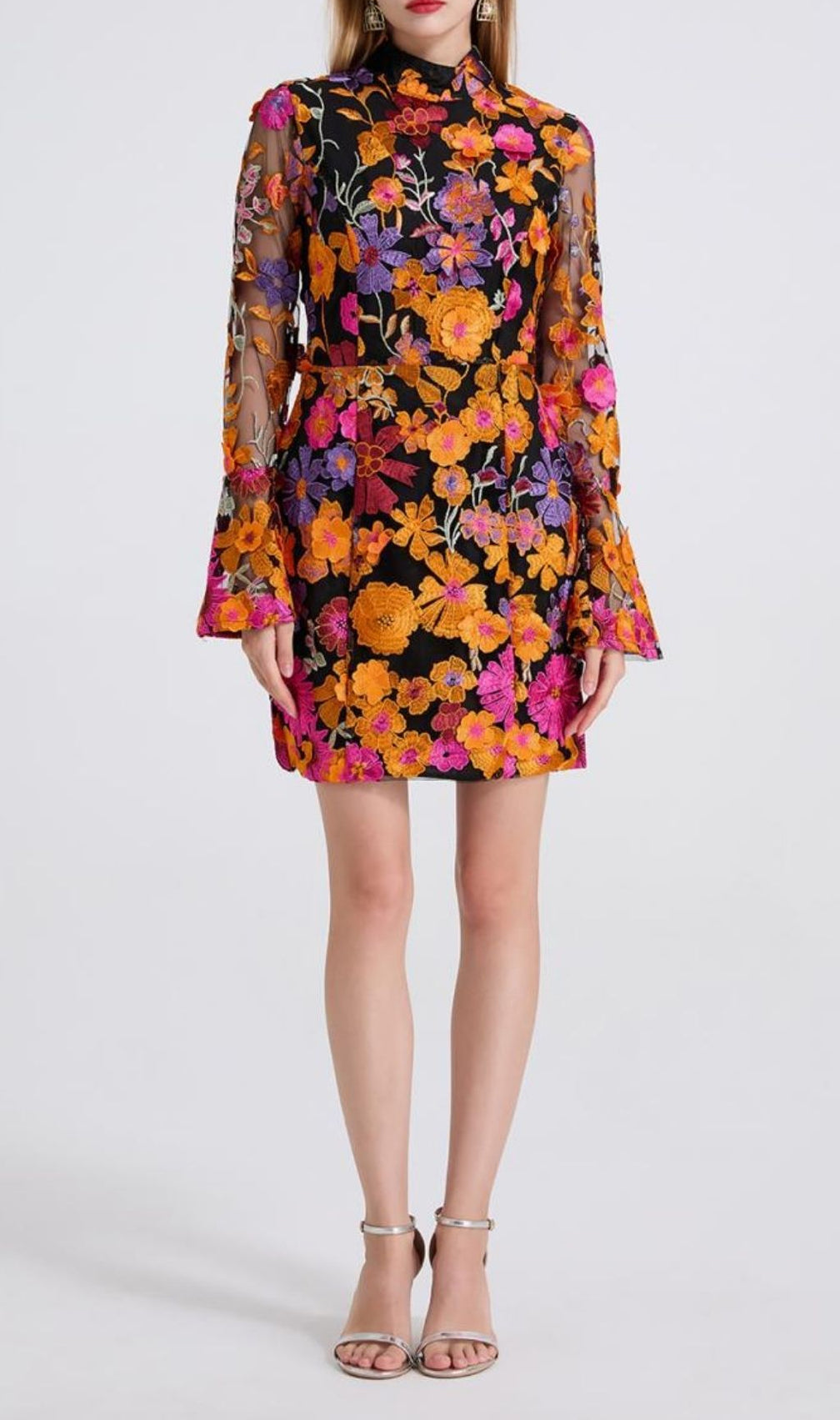 Donelle Vibrant Floral Embroidered Bell Sleeve Mini Dress