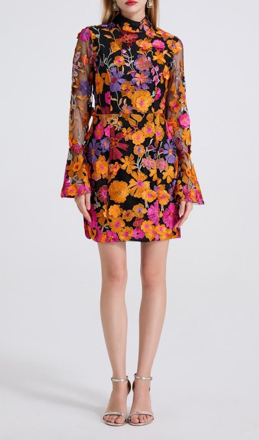 Donelle Vibrant Floral Embroidered Bell Sleeve Mini Dress