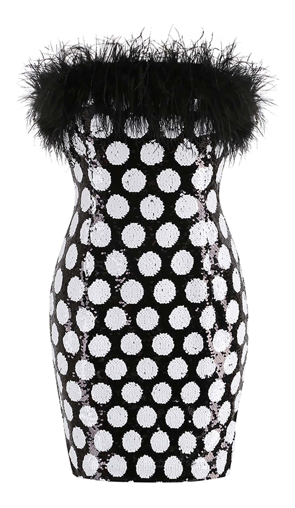 Feather Trim Polka Dot Mini Dress