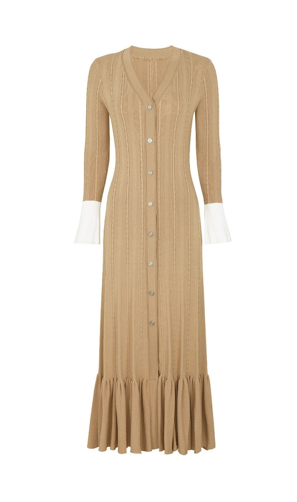 Kayanna Luxe Ribbed Knit Midi Dress | Chic Ruffle Cuffs & Button Front