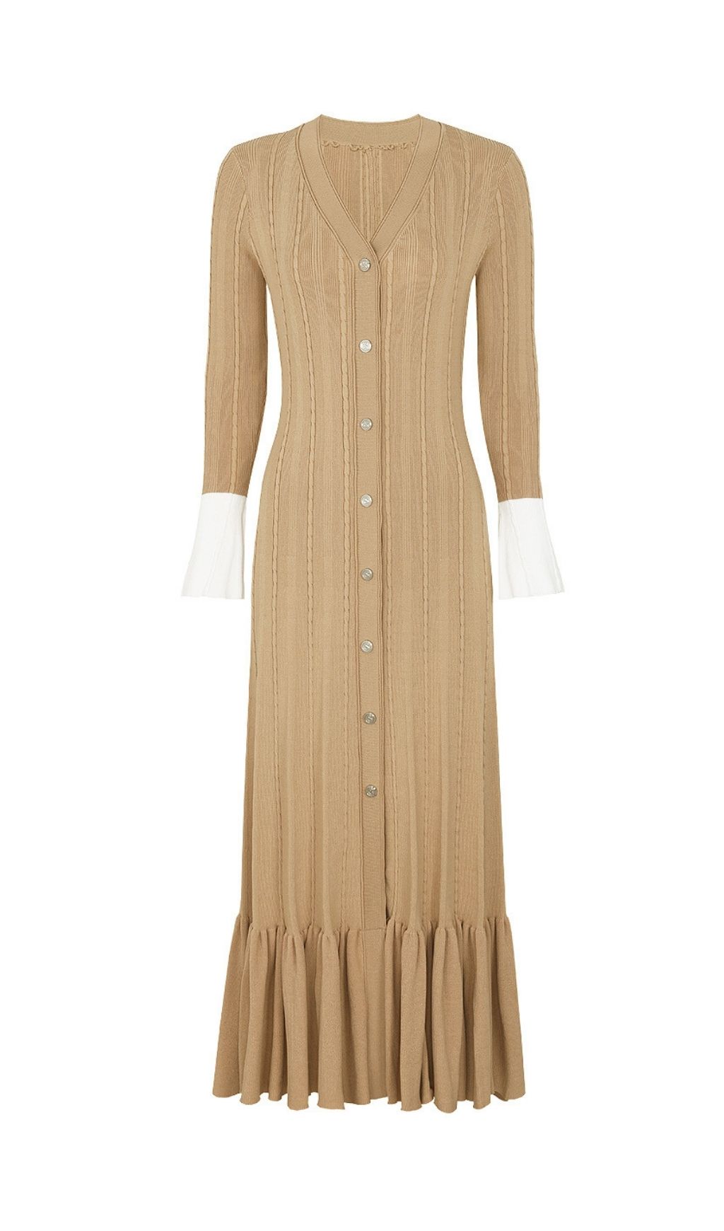 Kayanna Luxe Ribbed Knit Midi Dress | Chic Ruffle Cuffs & Button Front