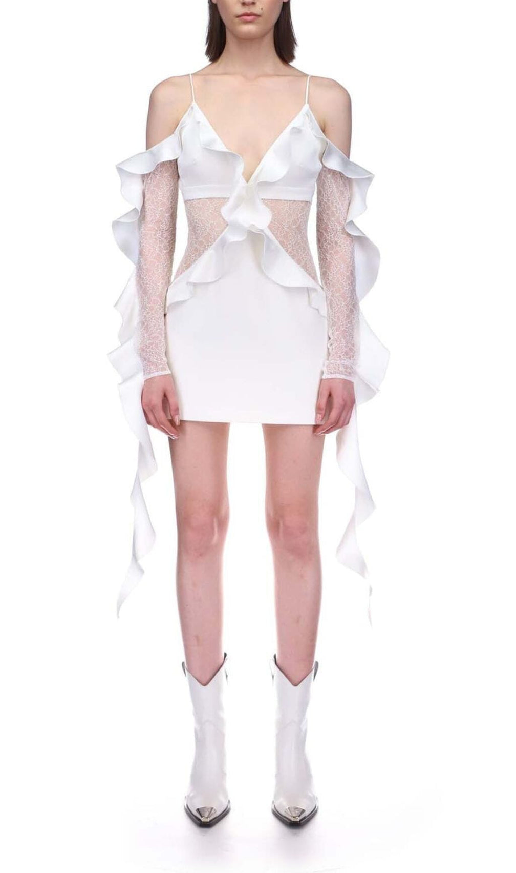 Ruffled Lace Mini Dress In White
