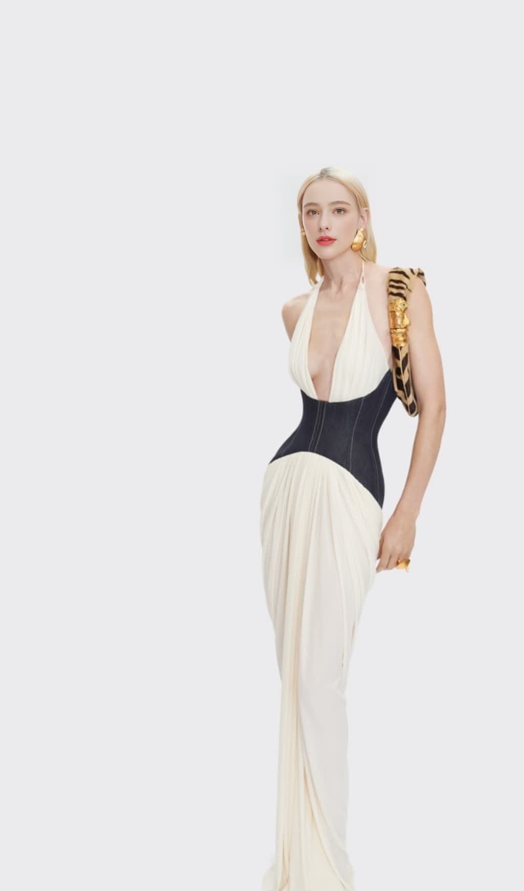 Daryle Halter Denim Corset Ruched Maxi Dress