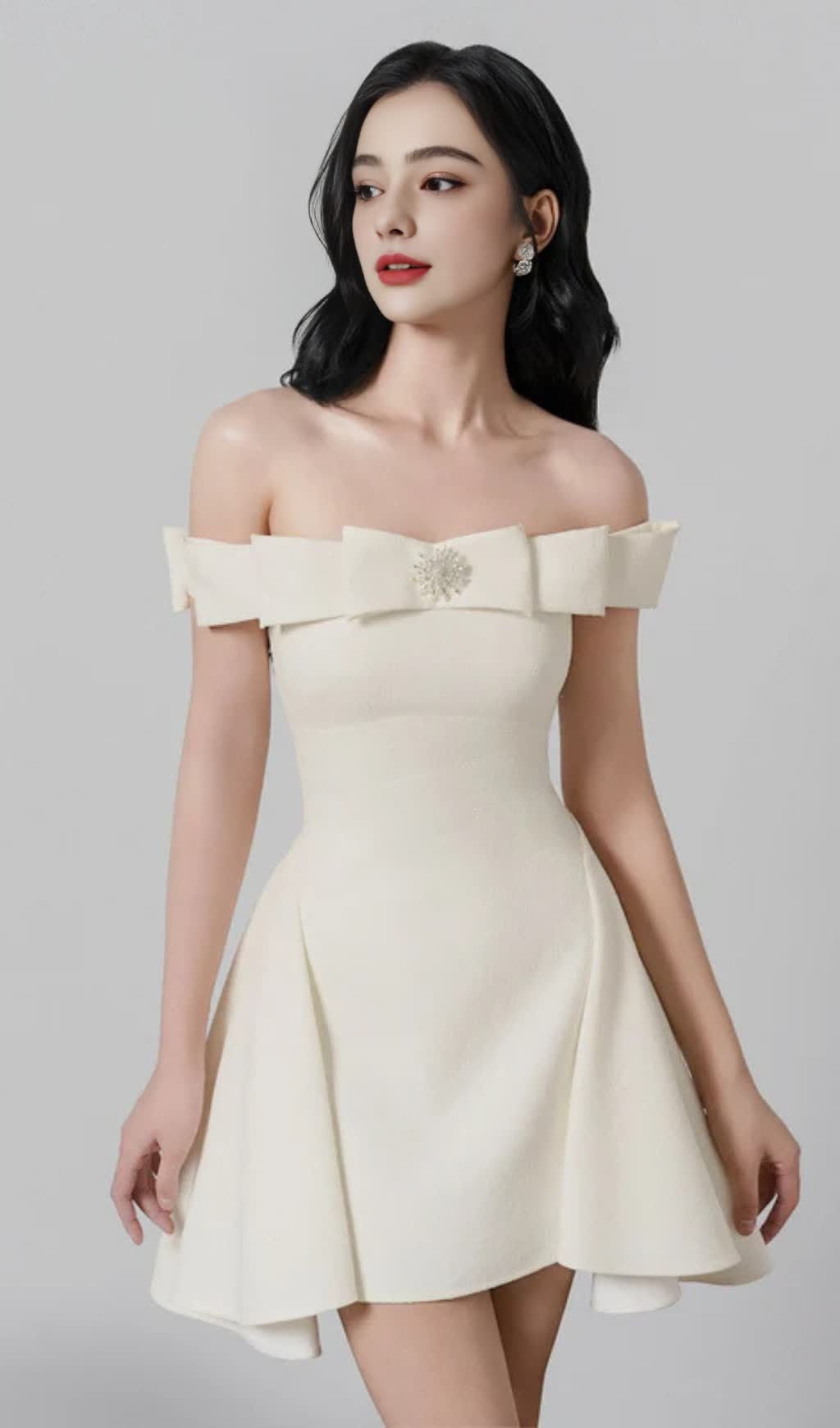 A-line Open Shoulder Tweed Mini Dress