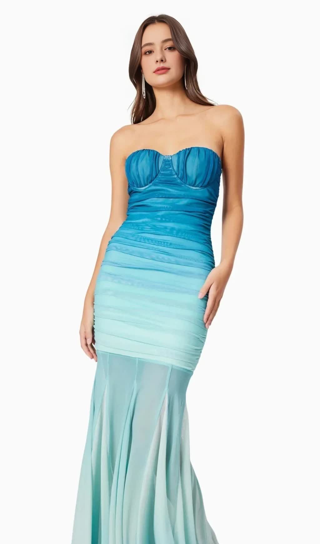 Gradient Mesh Splicing Bodycon Strapless Maxi Dress In Blue