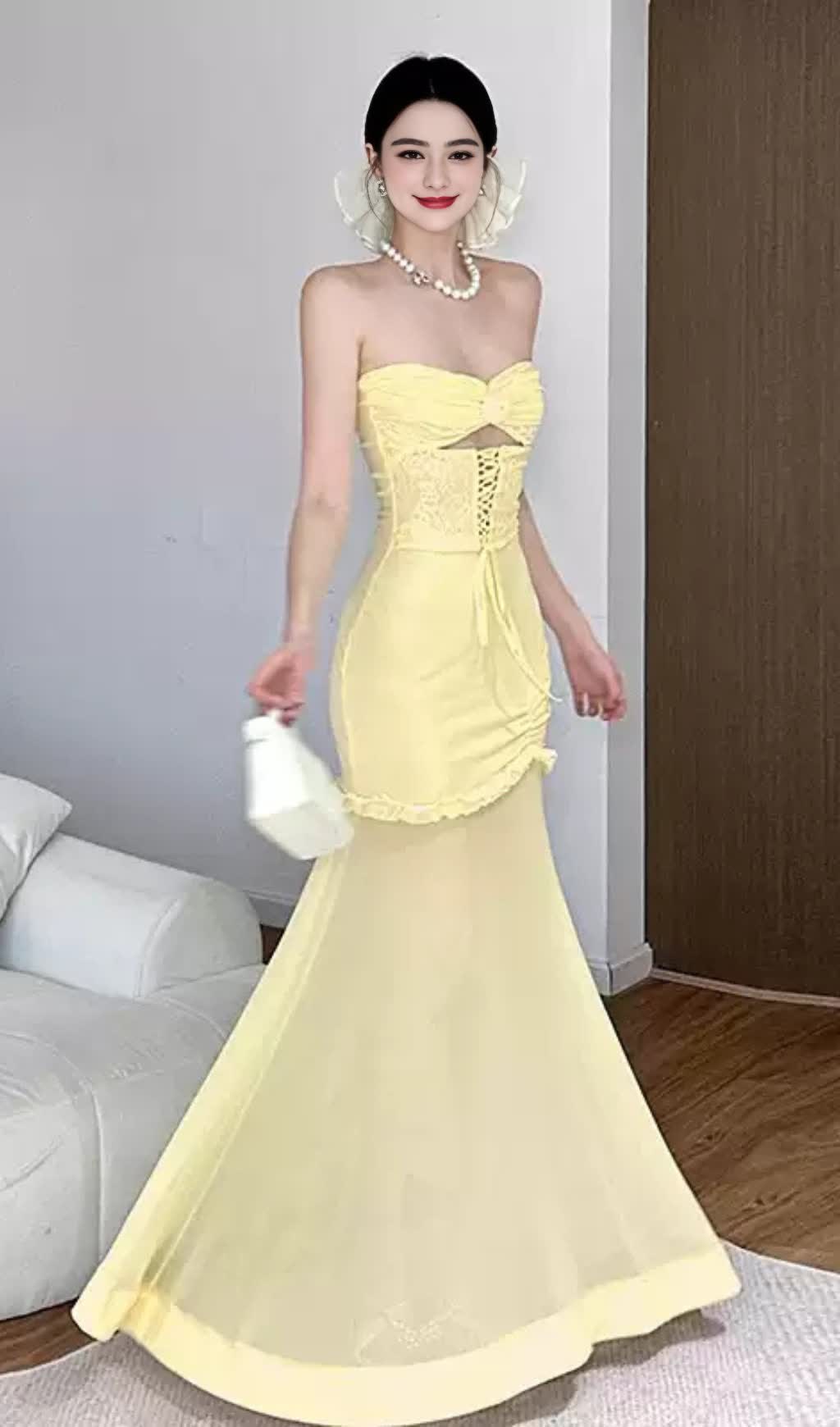 Mesh Cutout Corset Maxi Dress - Yellow