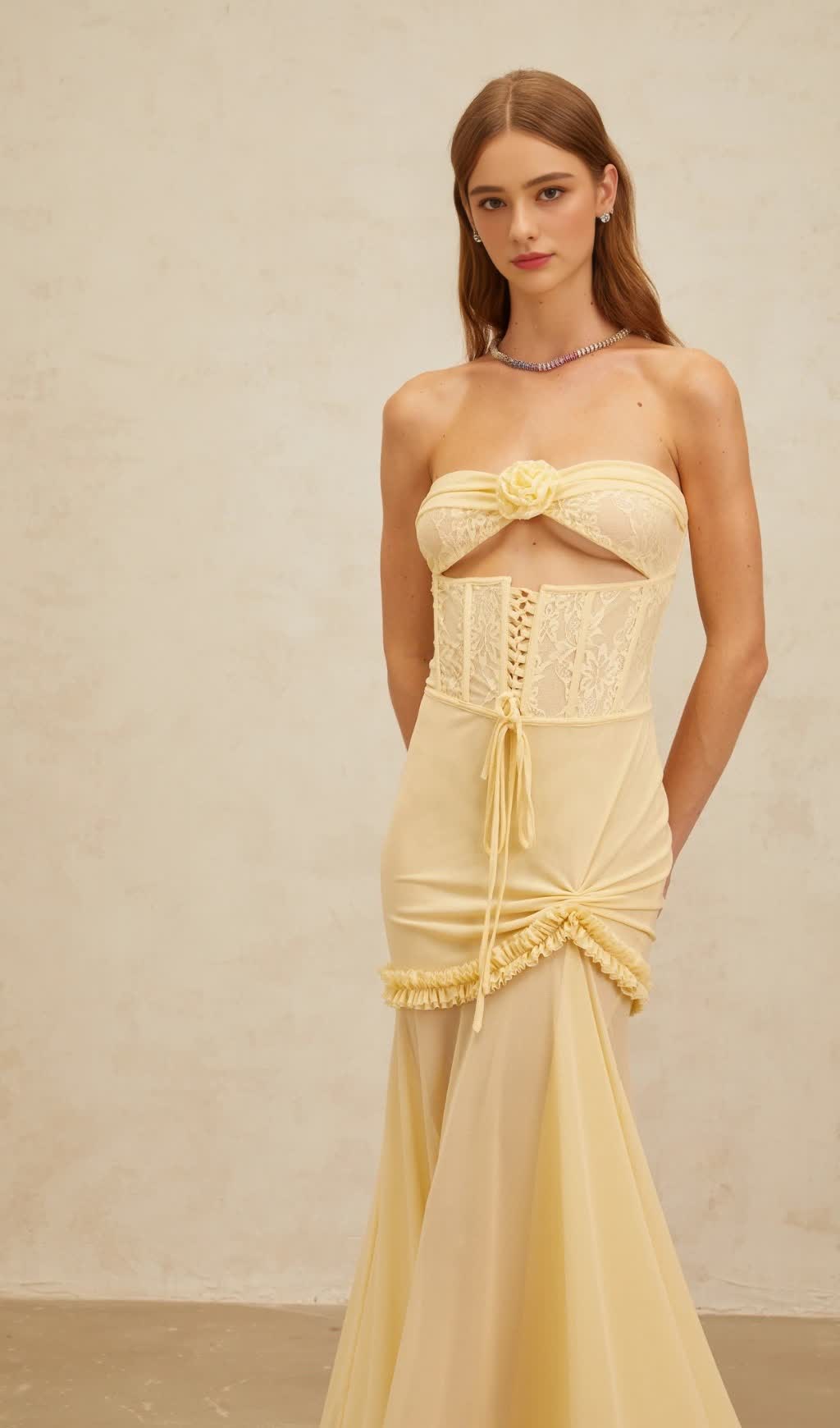 Mesh Cutout Corset Maxi Dress - Yellow