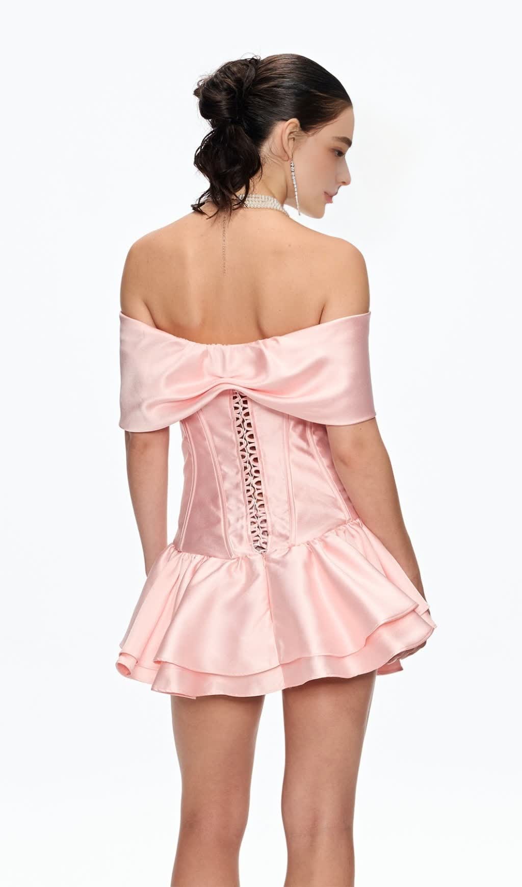 alisa Corset Bow Ruffle Satin Mini Dress