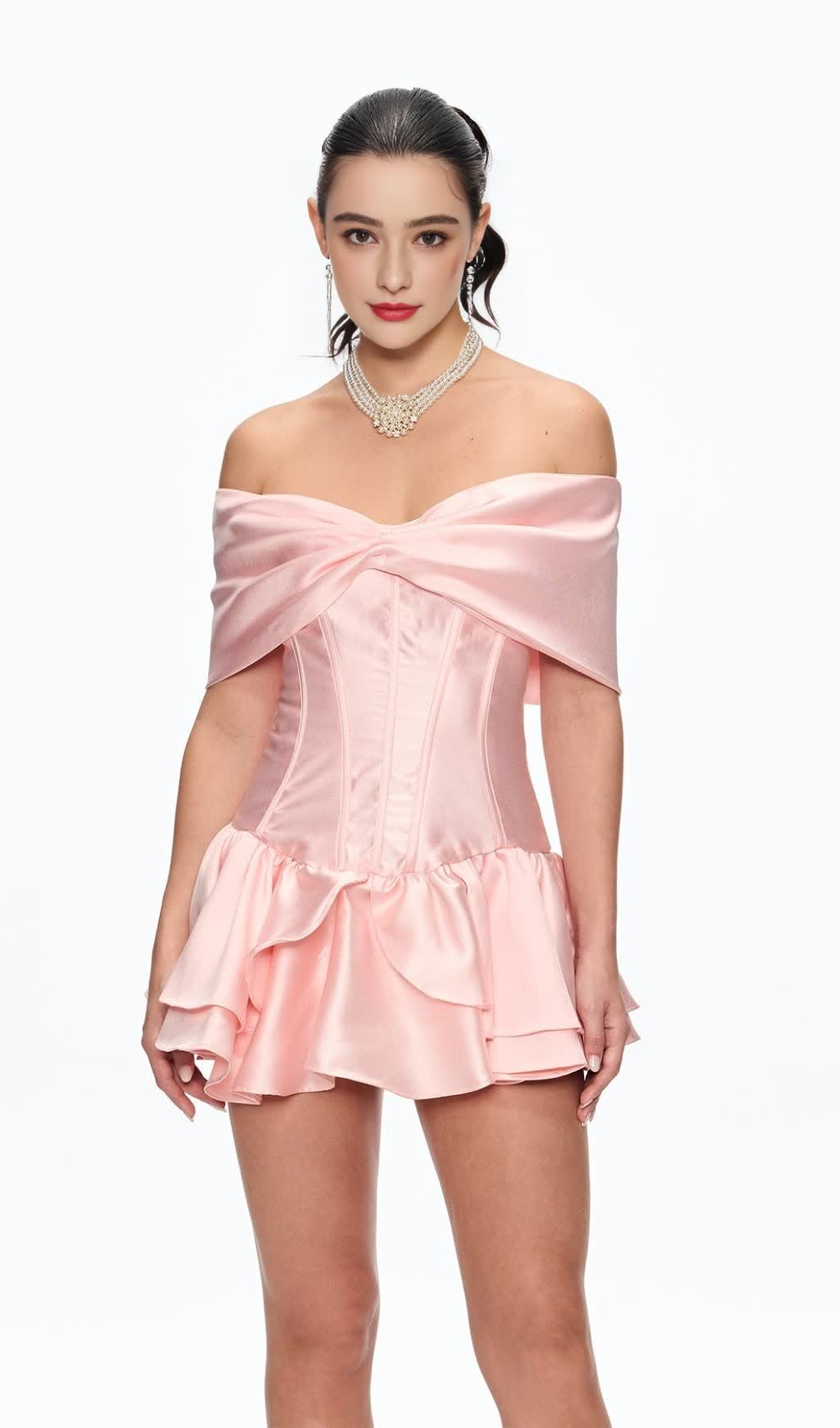 alisa Corset Bow Ruffle Satin Mini Dress
