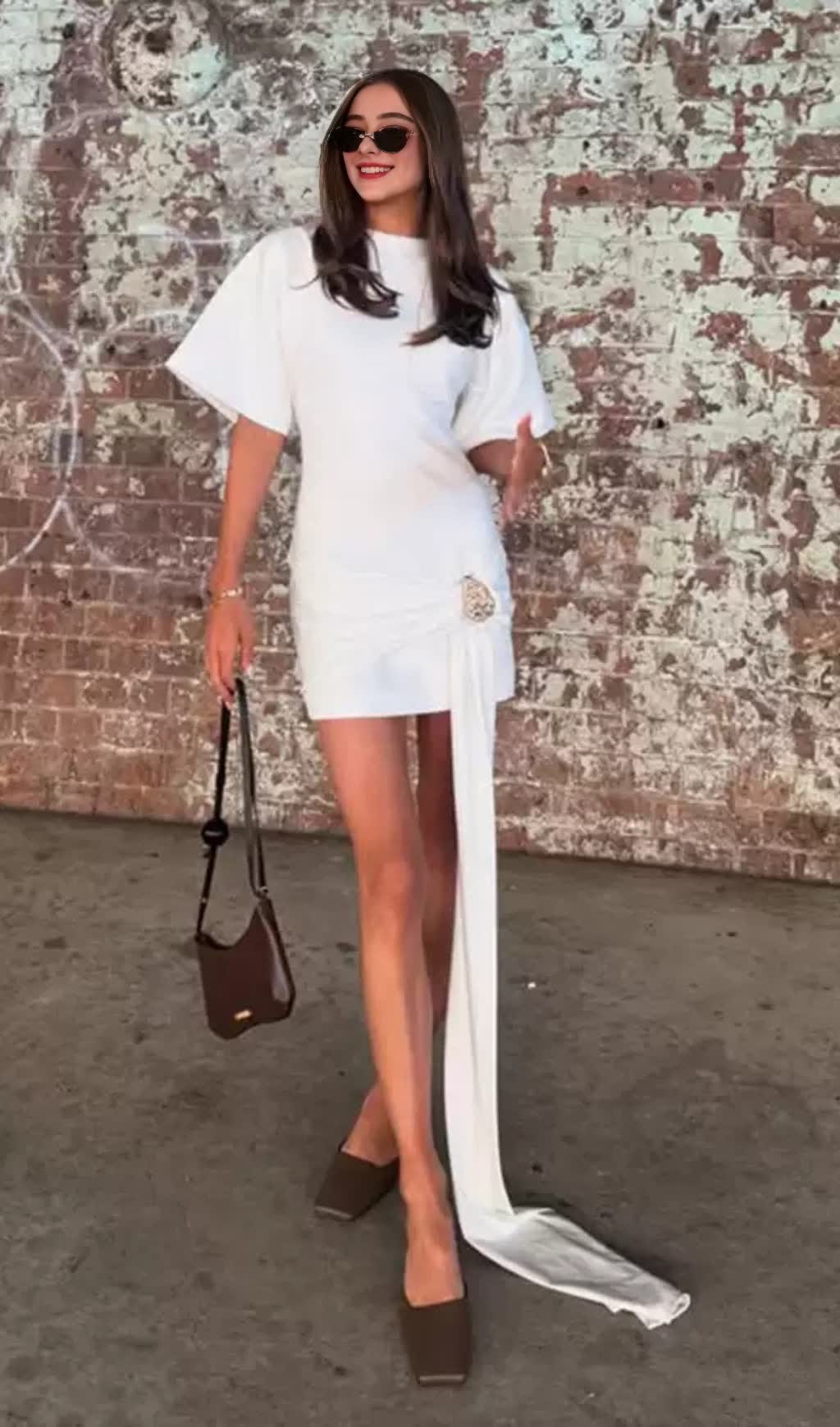 Draped Embellished Mini Dress - White
