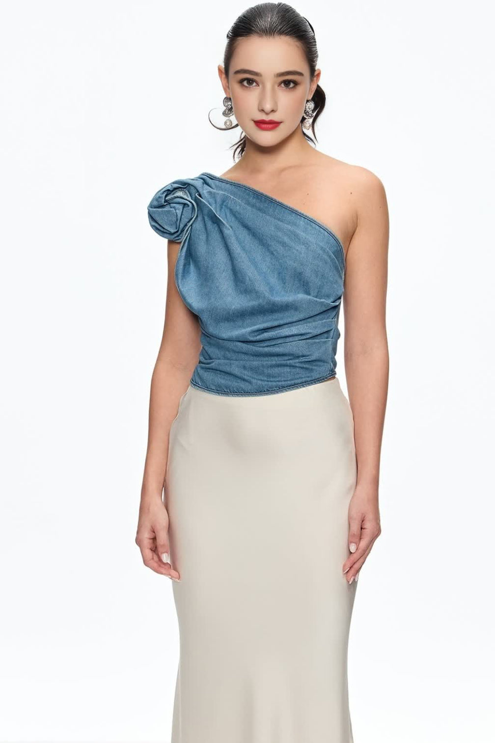 florence one Shoulder Flower Top in blue