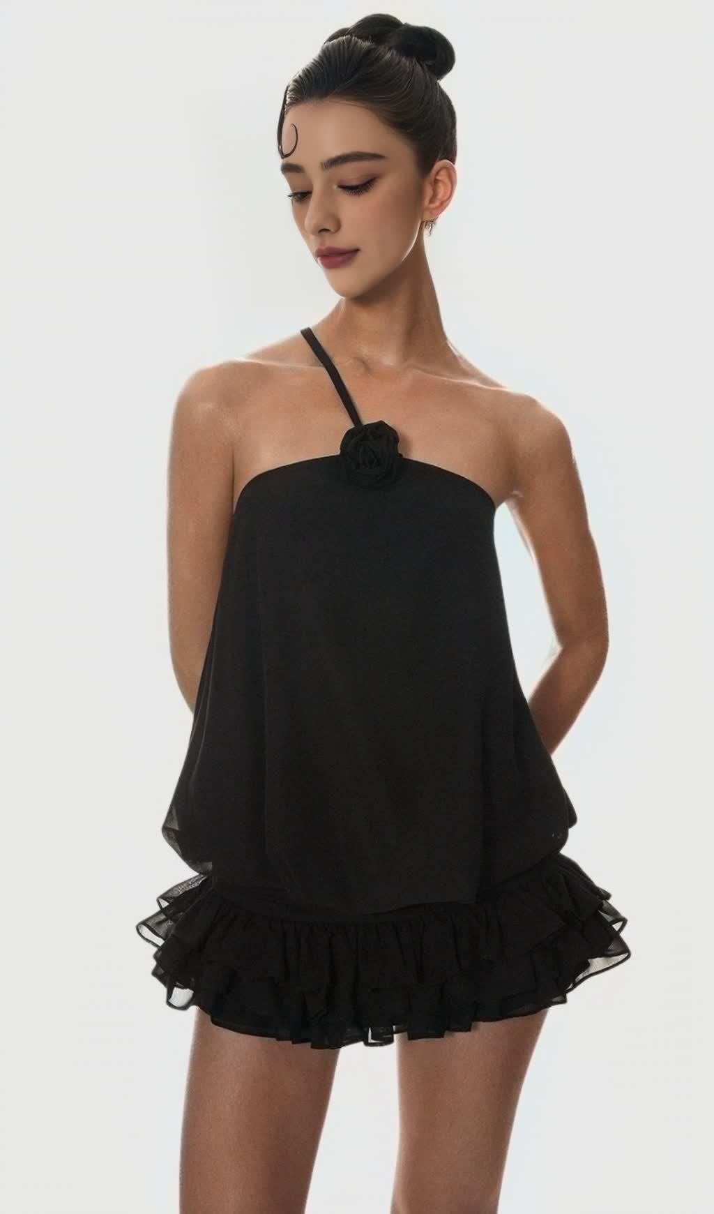Dellesa Floral One Shoulder Top - Black