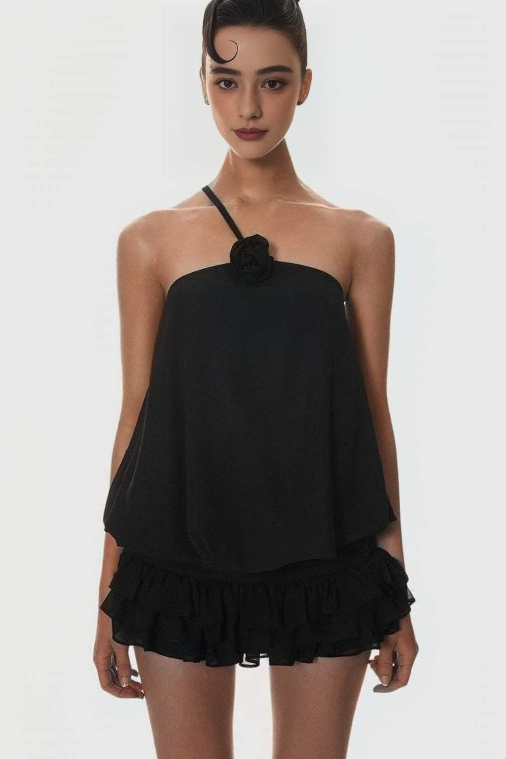 Dellesa Floral One Shoulder Top - Black