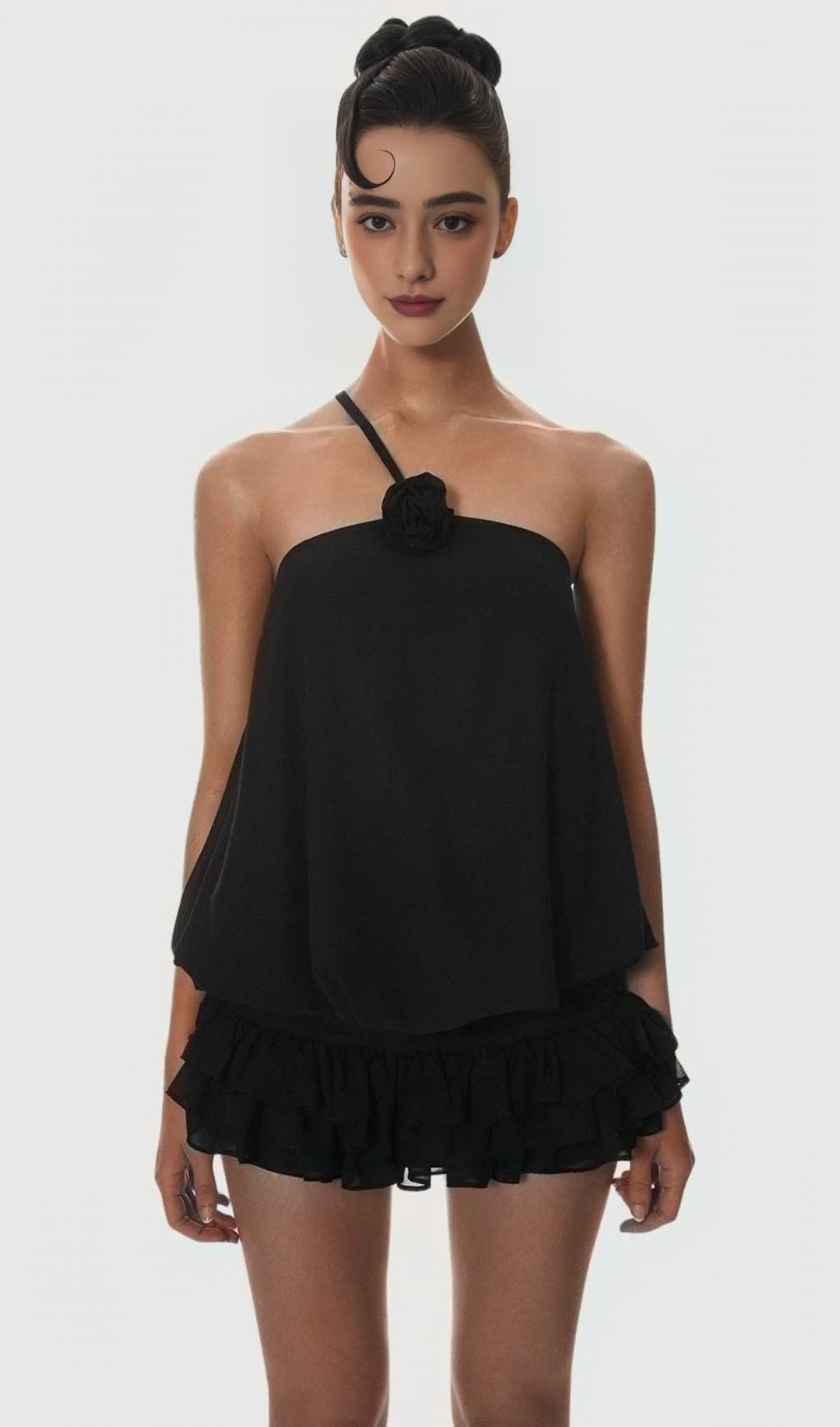 Dellesa Floral One Shoulder Top - Black