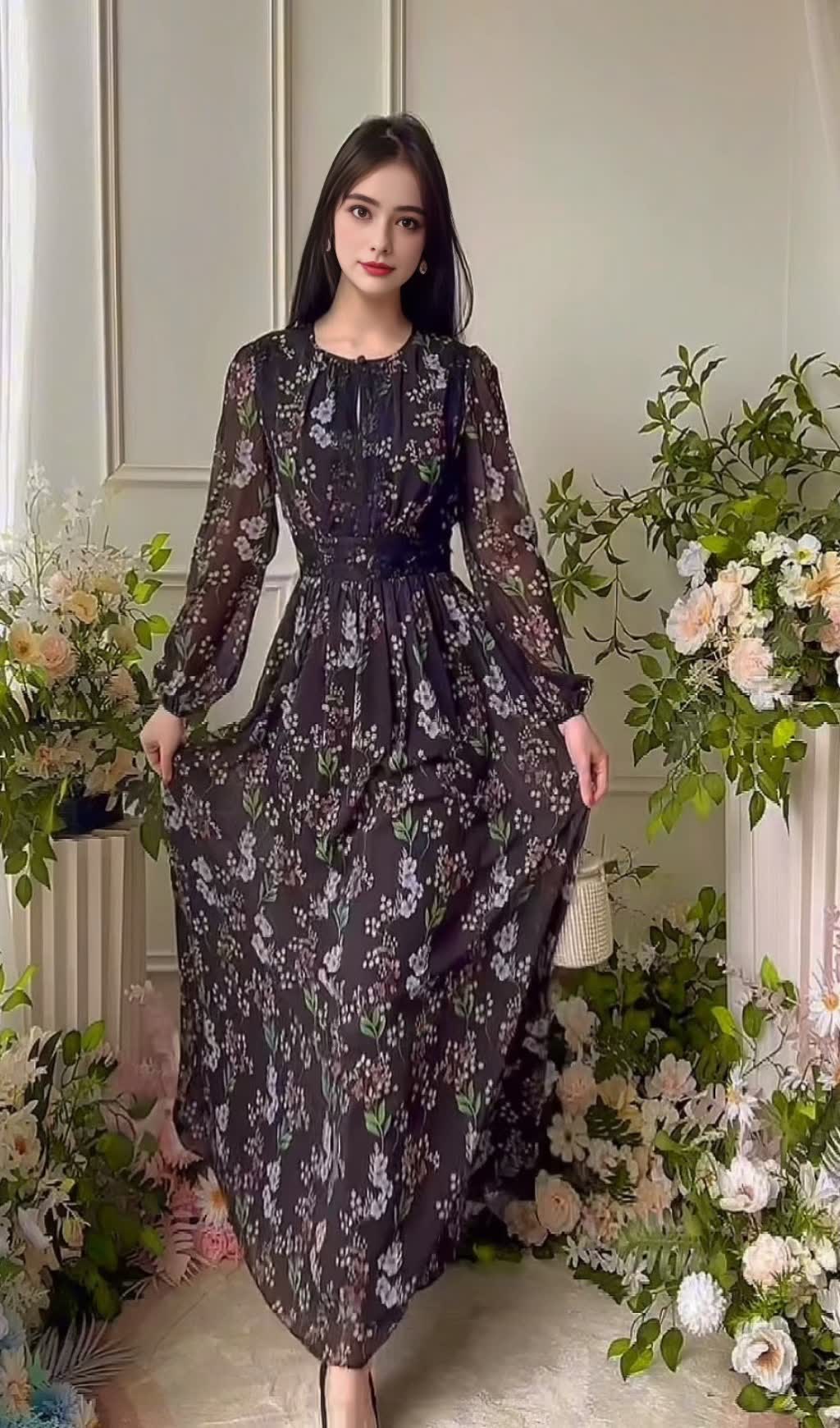 Black Floral Maxi Dress with Sheer Sleeves and Lace Details