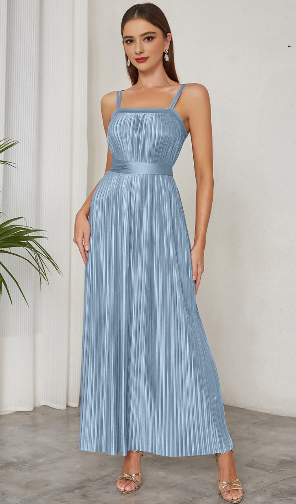 Strapless Pleated Belted Maxi Dress in Light Blue