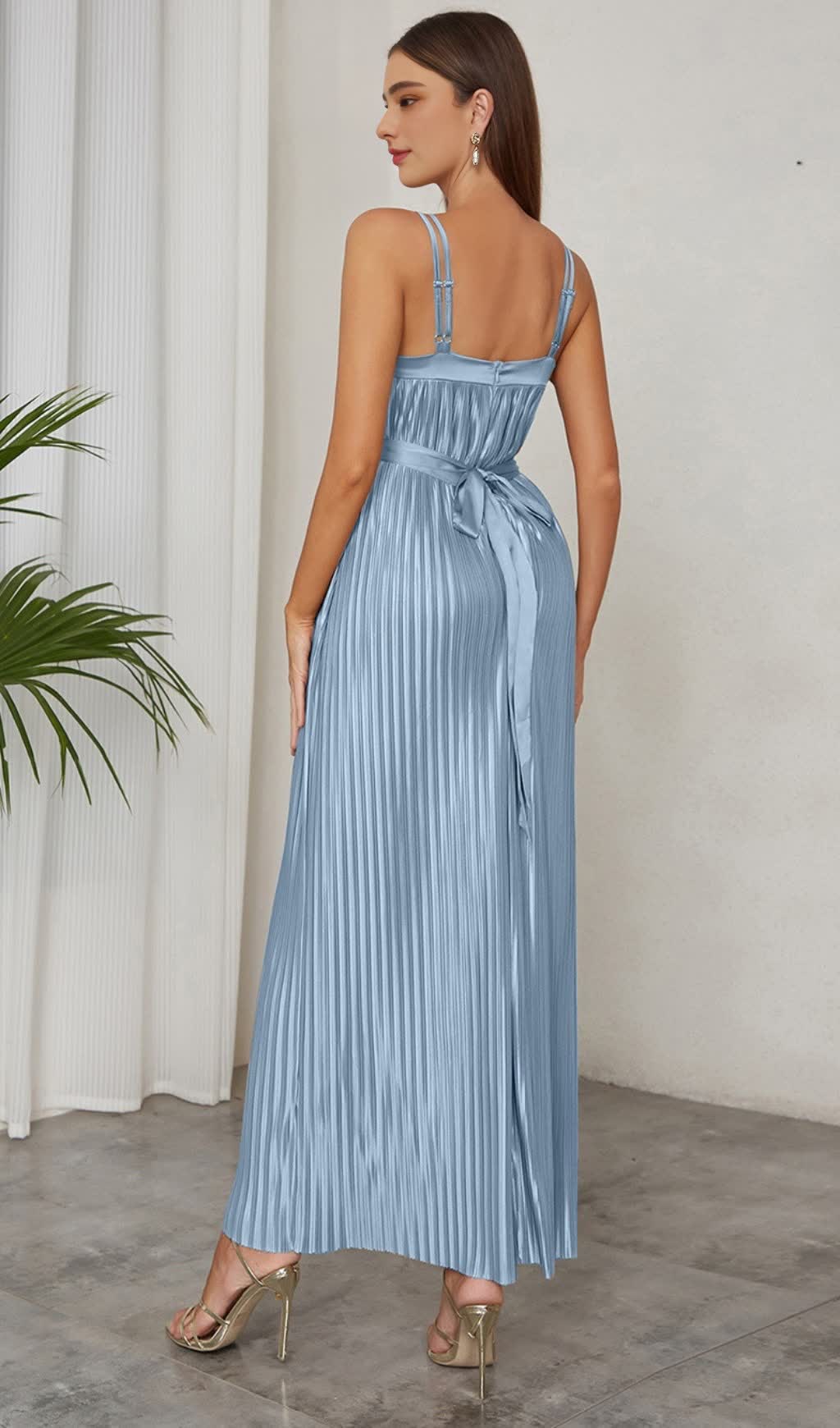 Strapless Pleated Belted Maxi Dress in Light Blue