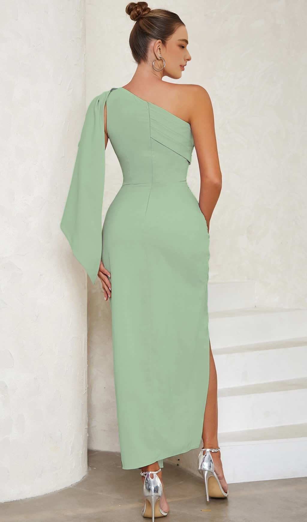 One - Shoulder Ruched Slit Midi Dress in Green