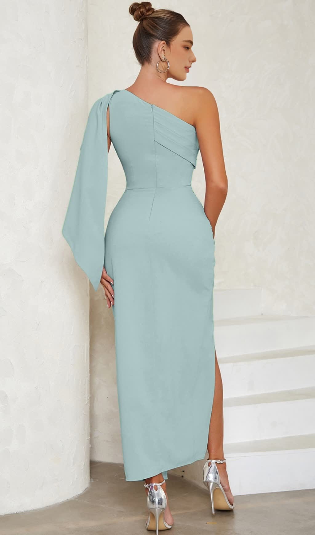 One - Shoulder Ruched Slit Midi Dress in Blue