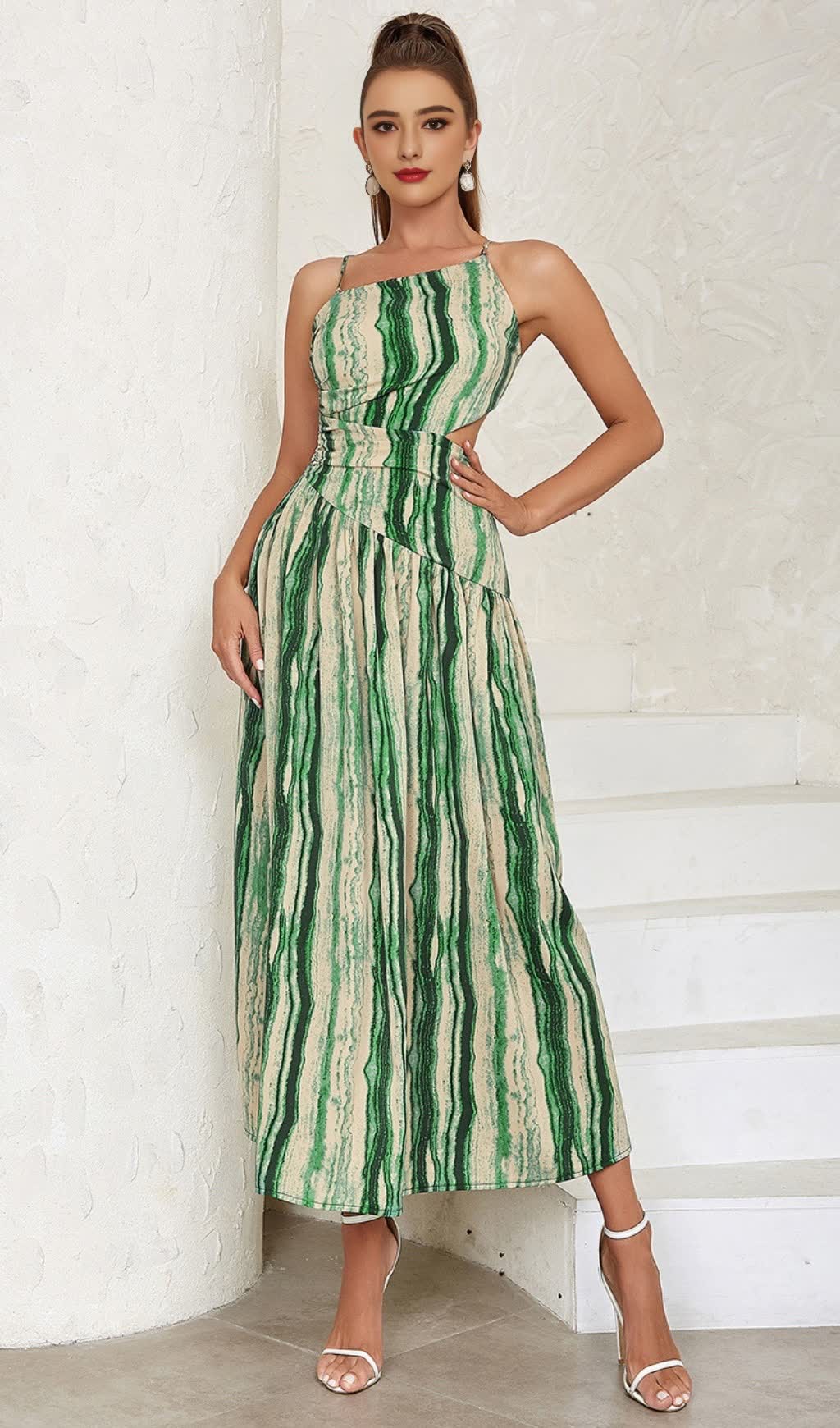 Striped Cutout One - Shoulder Midi Dress in Green