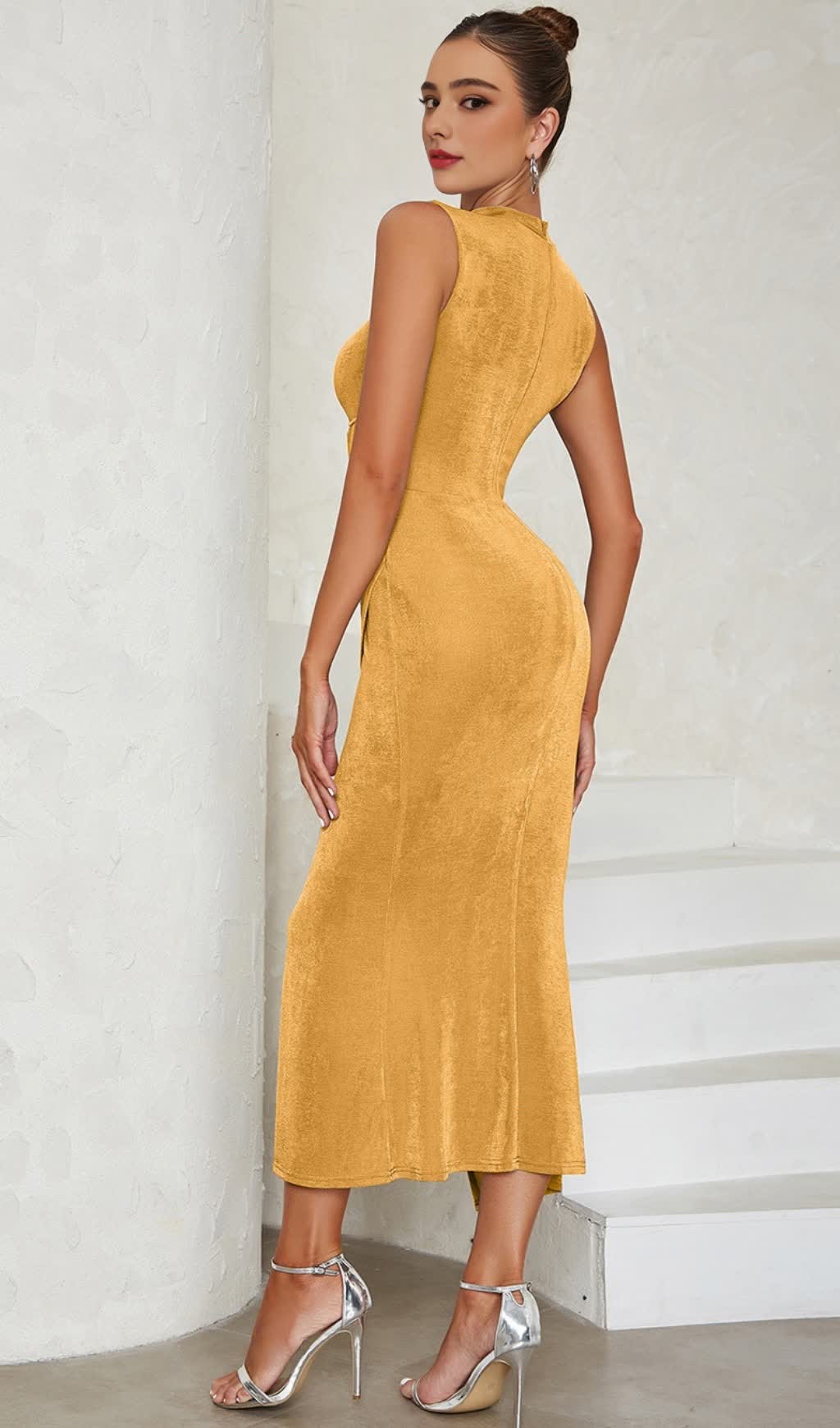 Cutout Ruched Mesh - Insert Midi Dress in Orange