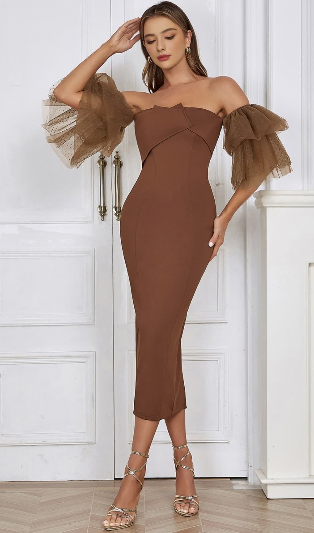 Off - Shoulder Tulle - Sleeve Midi Dress in Brown