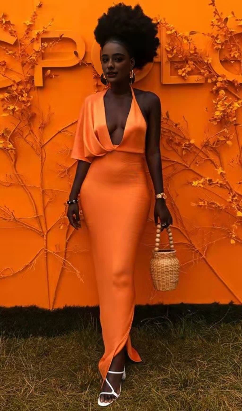 Neon Orange Plunging Neck Batwing Sleeve Backless Bodycon Bandage Dress