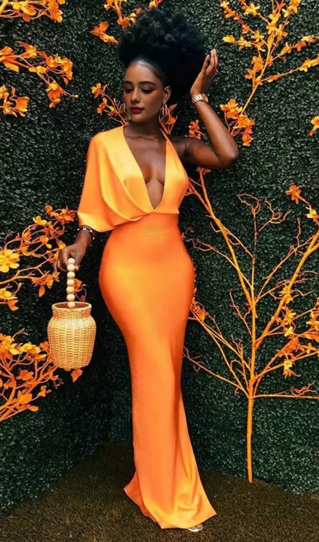 Neon Orange Plunging Neck Batwing Sleeve Backless Bodycon Bandage Dress