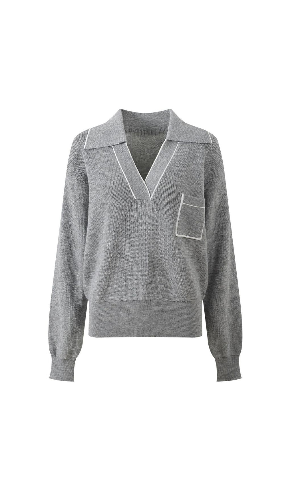 Berlin Chic Knit Polo Sweater with Contrast Piping | Women's Grey V-Neck Top