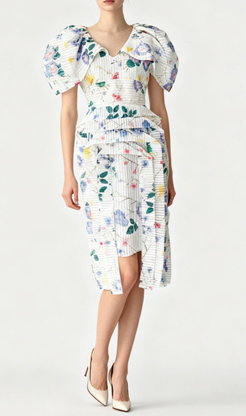 Janis Chic Floral Stripe Puff Sleeve Midi Dress - Romantic & Elegant