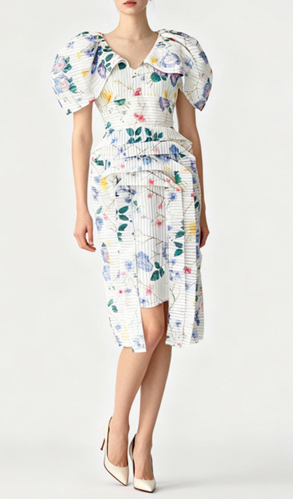 Janis Chic Floral Stripe Puff Sleeve Midi Dress - Romantic & Elegant