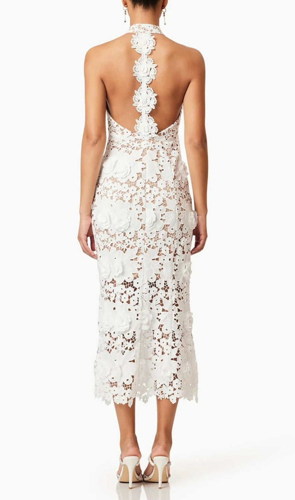 Etsu White Halter Flower Embroidery Midi Dress