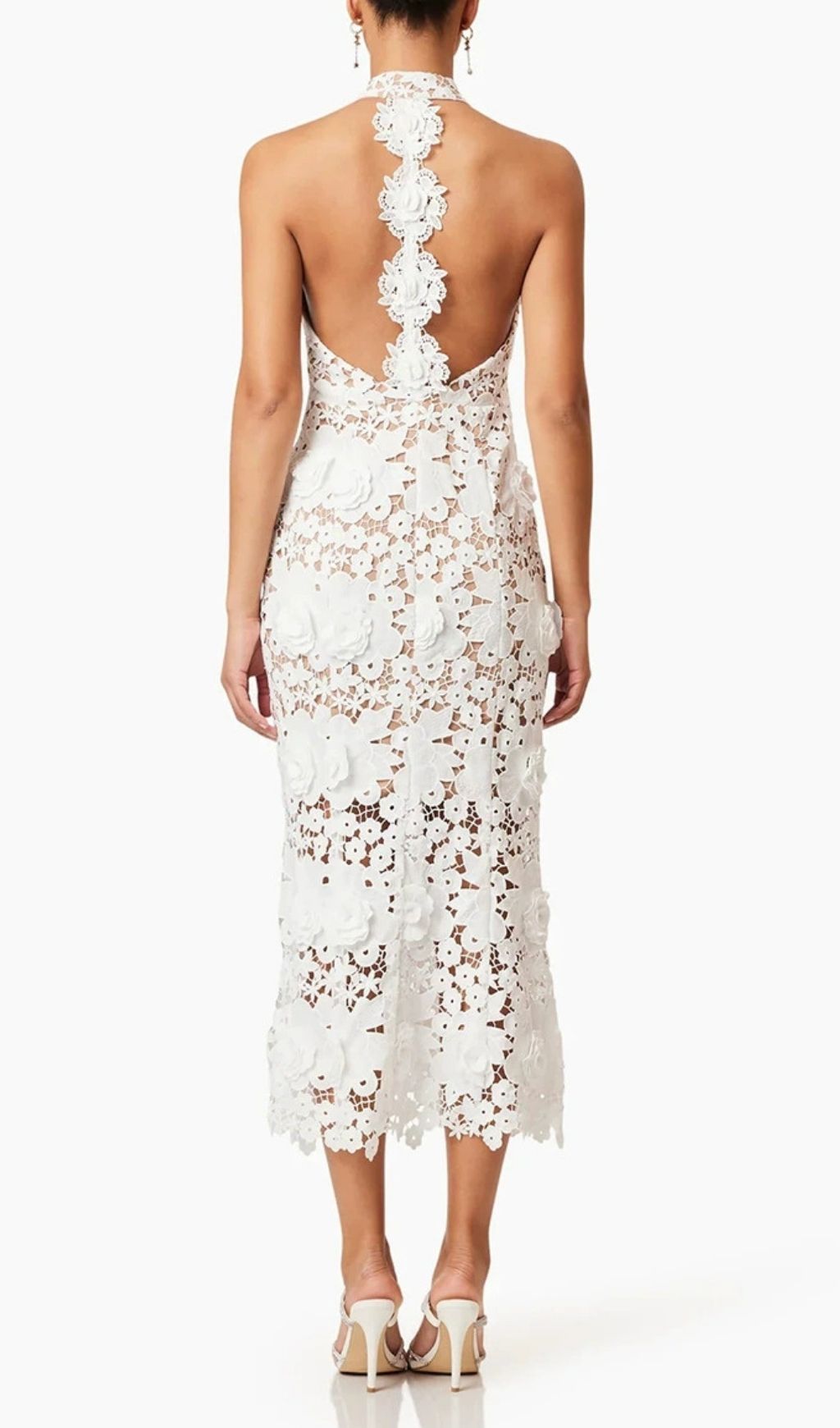 Etsu White Halter Flower Embroidery Midi Dress