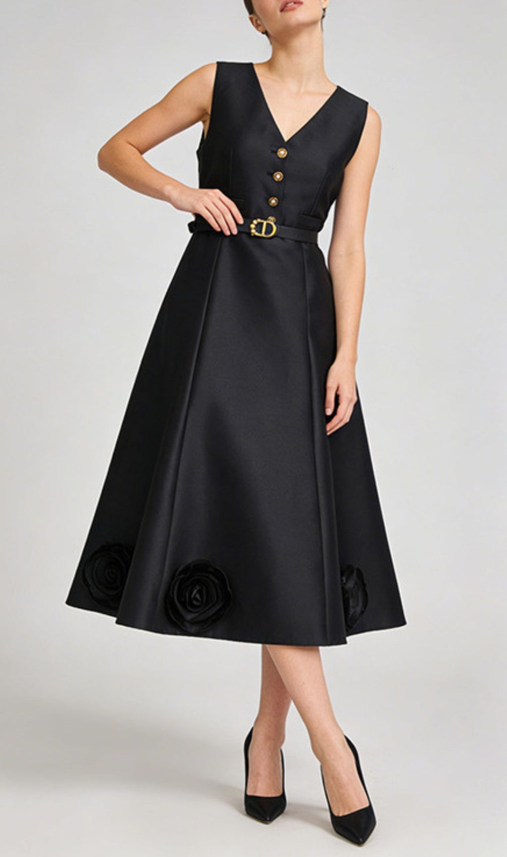 Jalisa Elegant Blush Pink Sleeveless Midi Dress with 3D Rose Hem