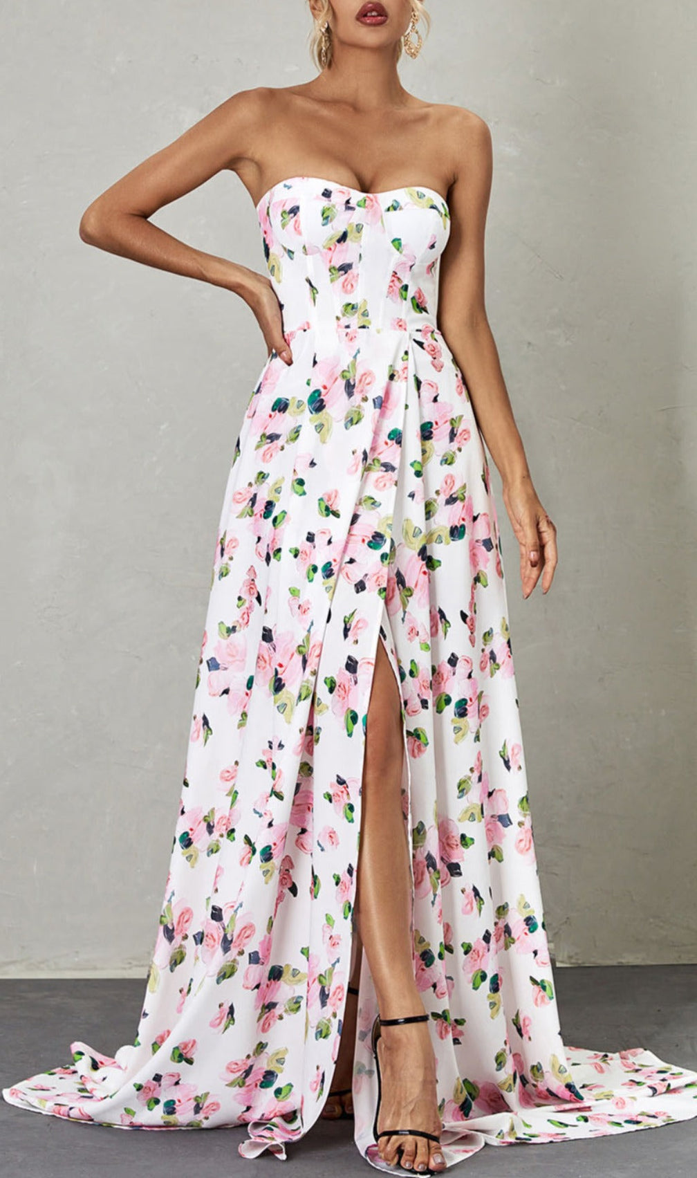 Strapless Floral Split Maxi Dress
