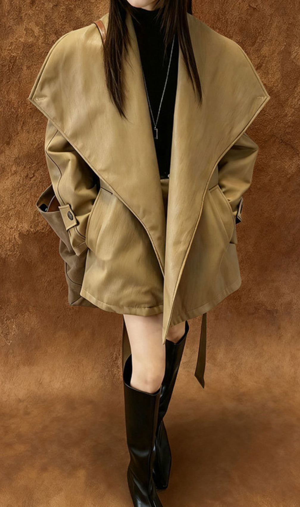 Honoka Women's Chic Faux Leather Wrap Trench Coat - Olive Green Belted Outerwear