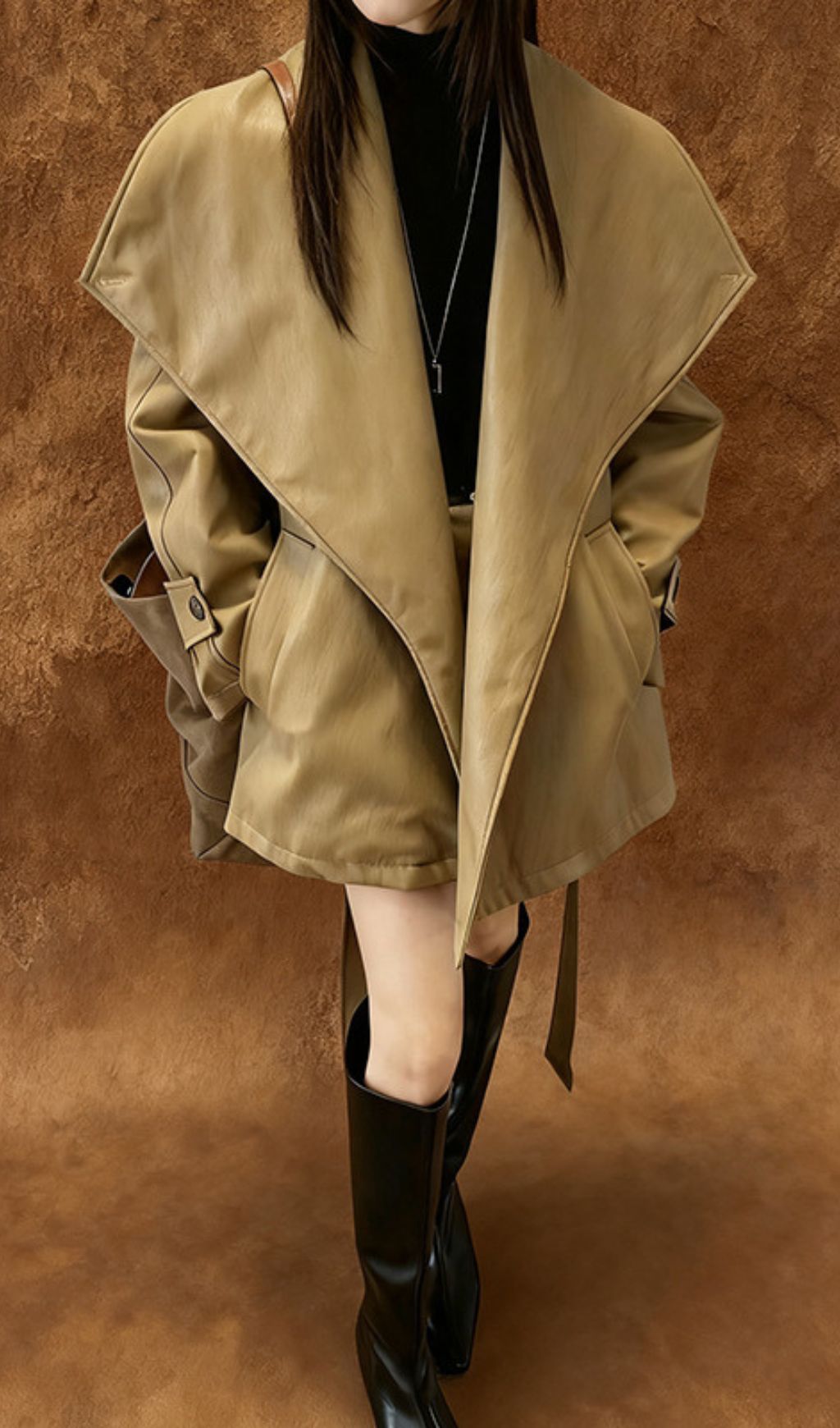 Honoka Women's Chic Faux Leather Wrap Trench Coat - Olive Green Belted Outerwear