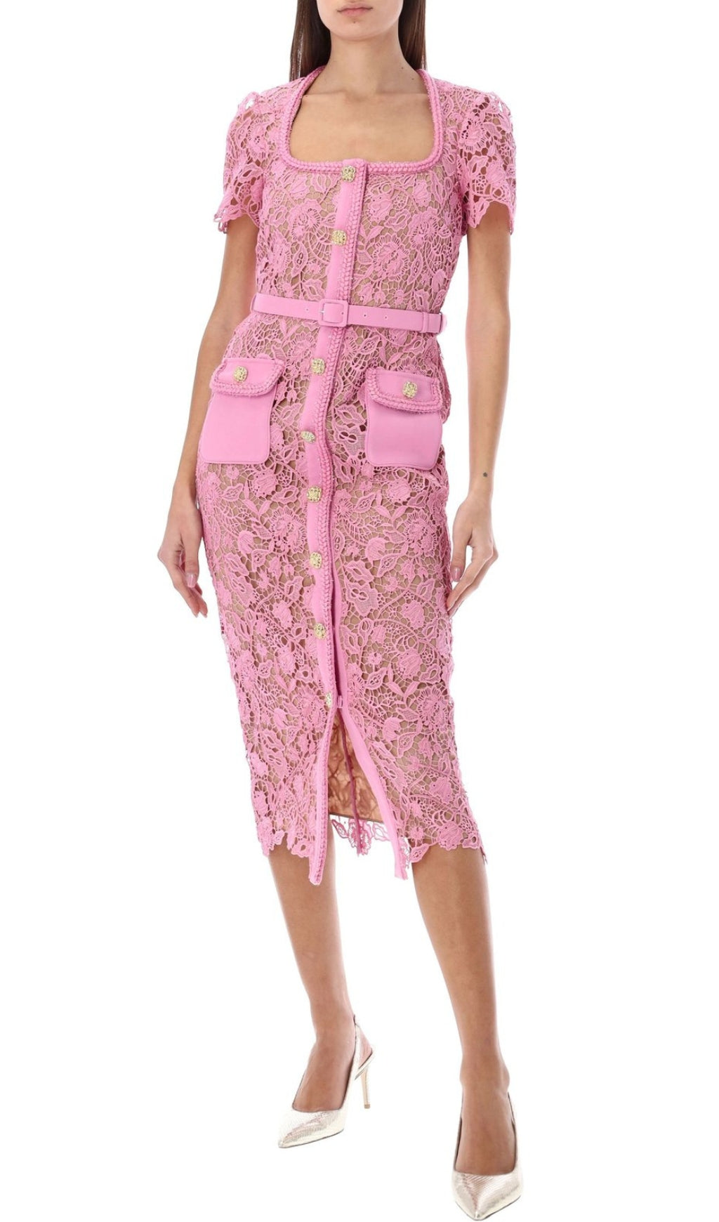 Anna Pink Guipure Lace Midi Dress
