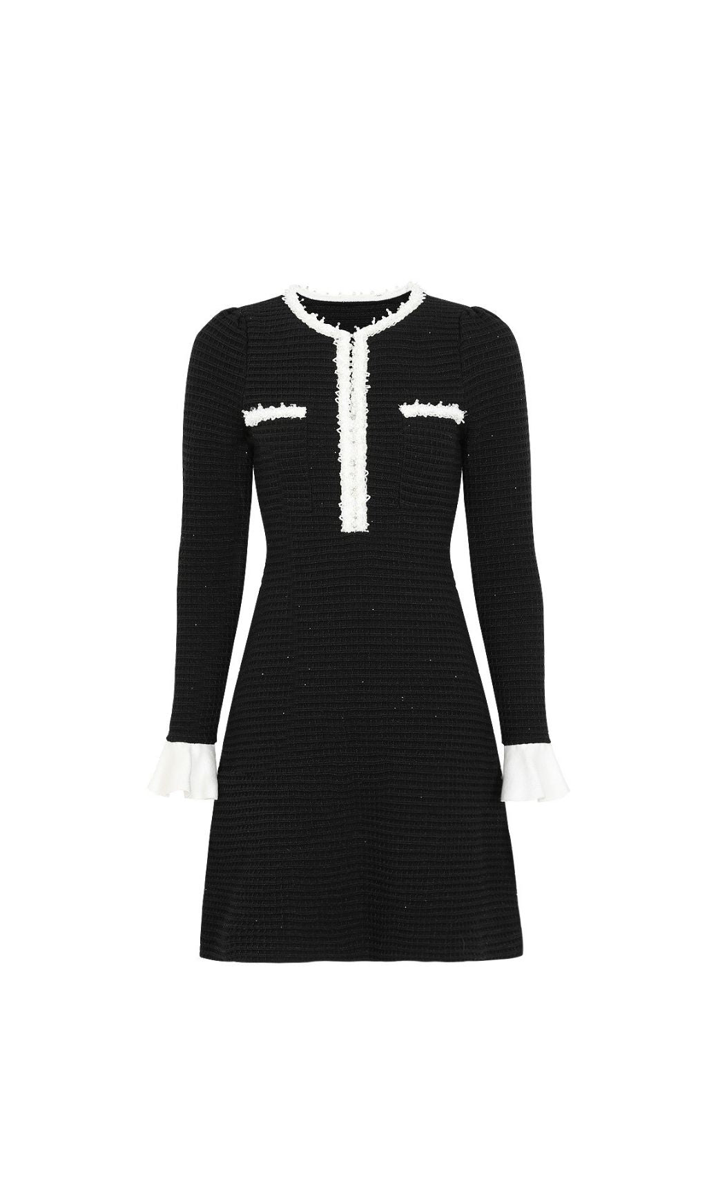 Kineta Chic Black Knit Mini Dress with White Contrast Trim – Long Sleeve Elegance